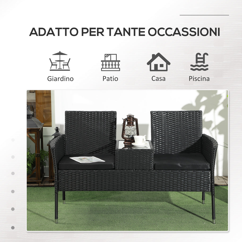 2-Seater Outdoor Sofa with Coffee Table, in Steel and PE Rattan, 137x59x82 cm, Black - Borgè