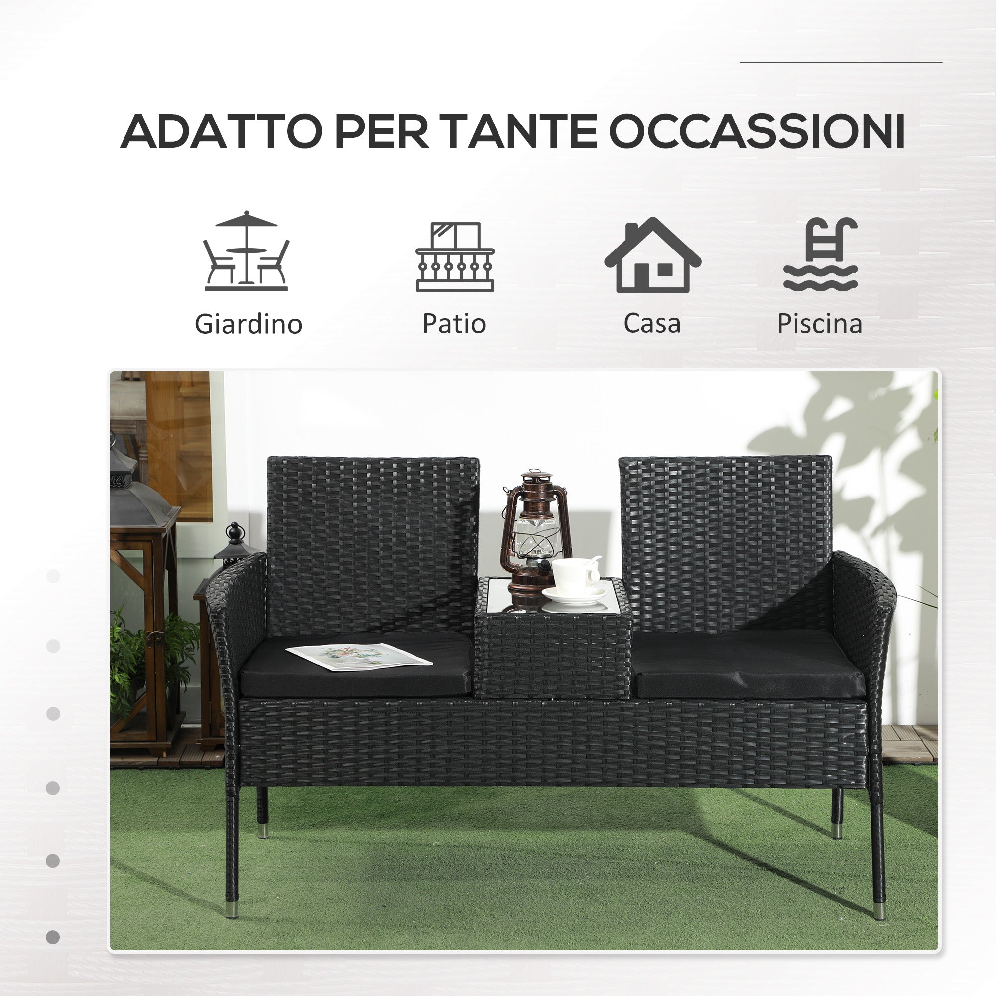 2-Seater Outdoor Sofa with Coffee Table, in Steel and PE Rattan, 137x59x82 cm, Black - Borgè