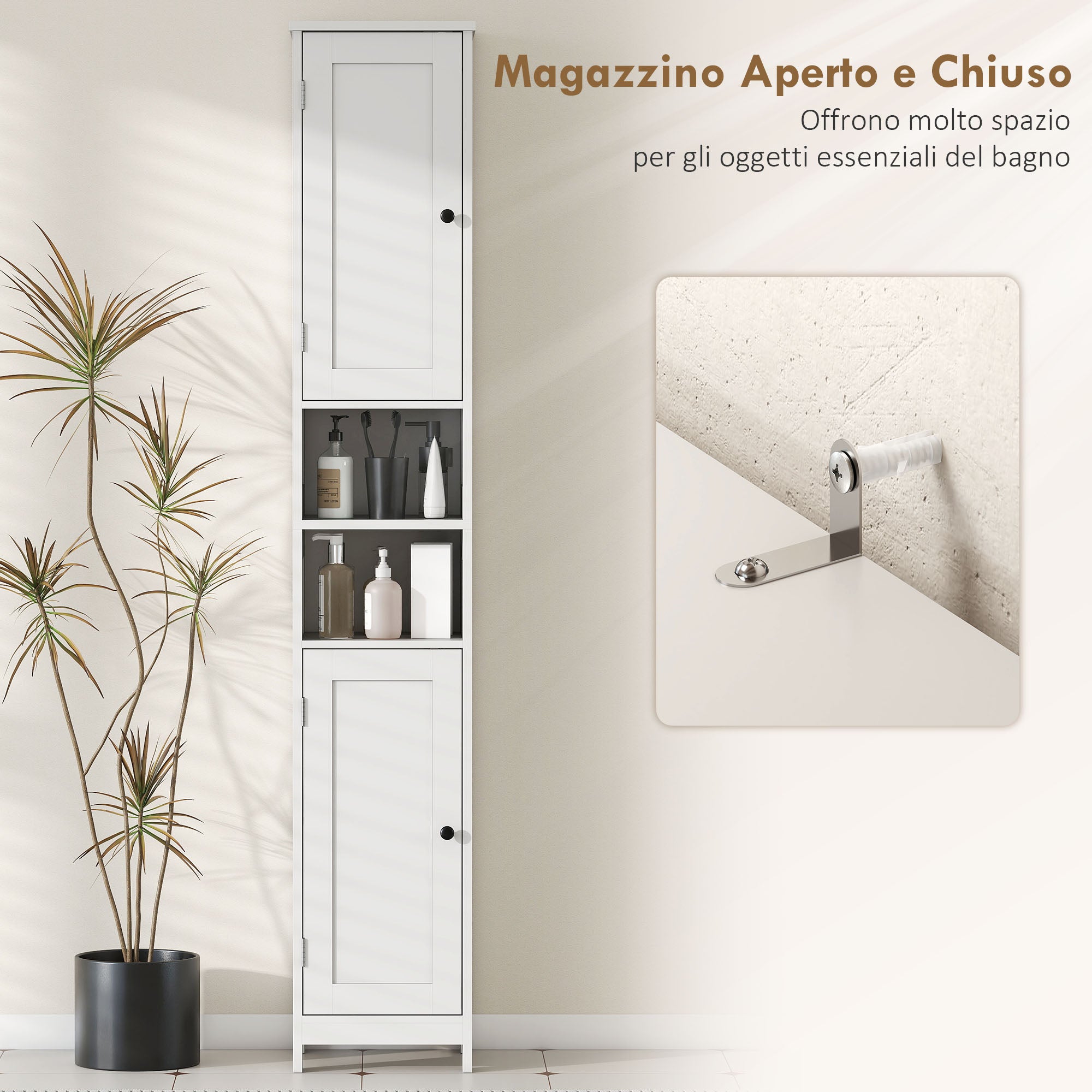 Tall Bathroom Cabinet with 2 Open Shelves and 2 Adjustable Shelving Cabinets, Wooden, 30x30x170 cm, White
