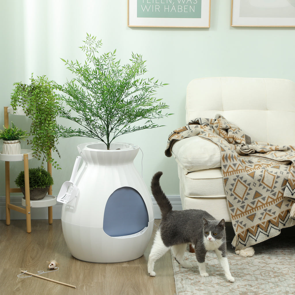 Odor-Resistant Cat Litter Box with Scoop, Pot-Shaped, Made of ABS and Stainless Steel, 50x48.5x58.7 cm, White