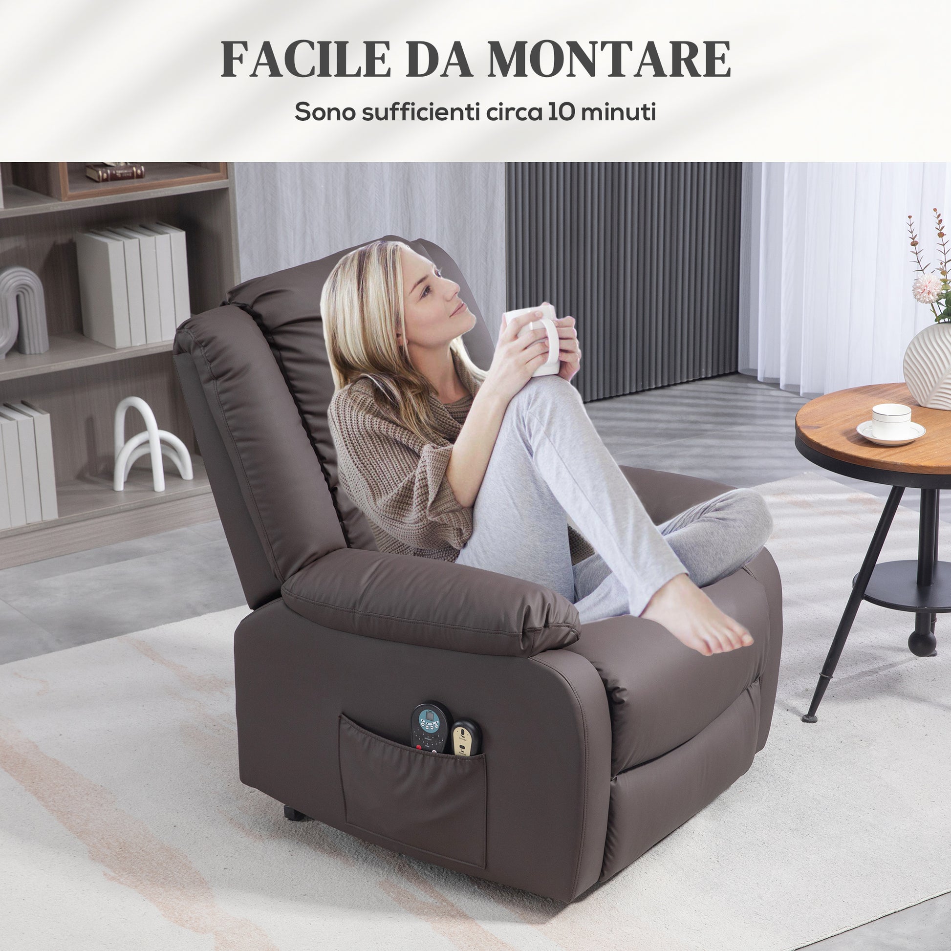 Relax Lift Armchair Reclining at 155° with 8 Massage and Heating Points, Brown - Borgè