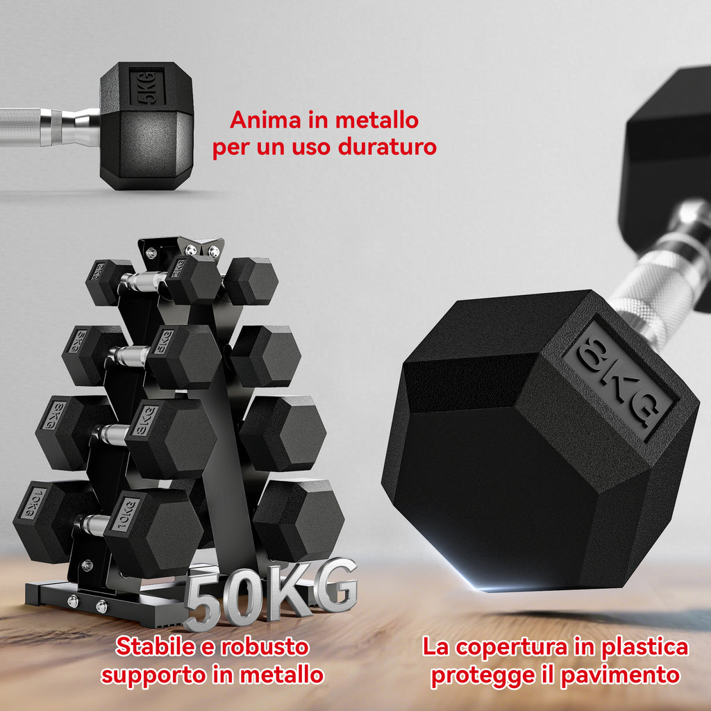 Hex Dumbbell Set with Stand and Non-Slip Grip, 2x2kg, 2x5kg, 2x8kg, 2x10kg, Black