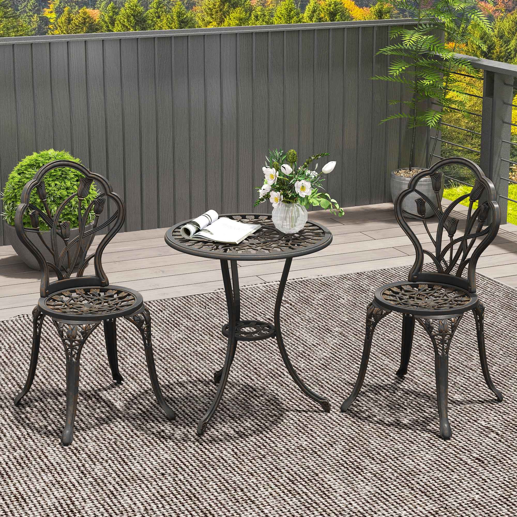 Outsunny 3-Piece Outdoor Set with 2 Garden Chairs and Round Table with Umbrella Hole, Bronze
