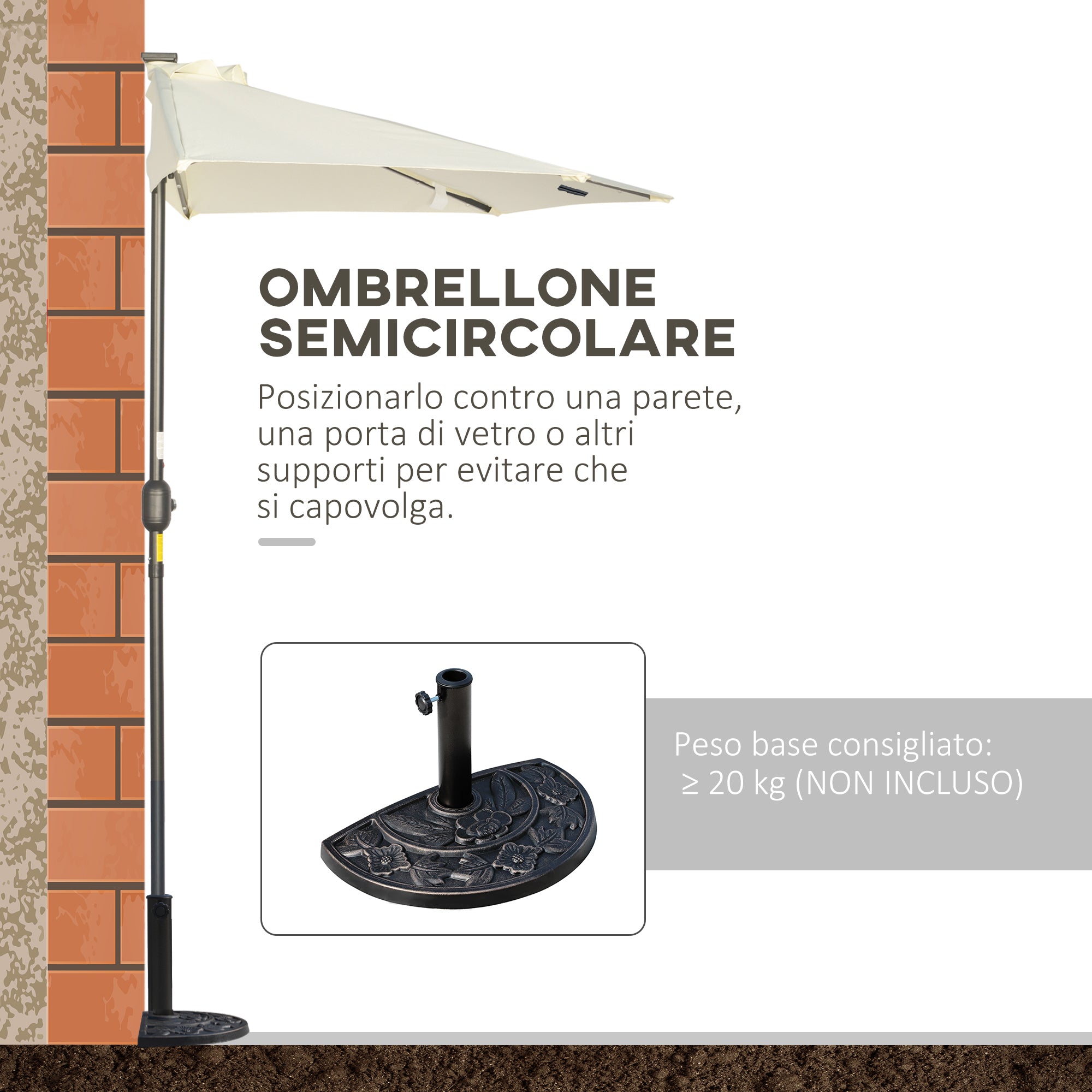 Semicircular Umbrella with Crank, 20 LED Lights and Solar Panel, 265x135x240 cm, Beige