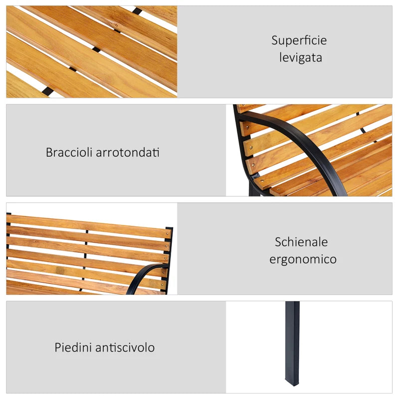 2-Seater Wooden Bench, Outdoor Bench, Garden, Balcony or Terrace 122x60x83cm, Black and Wood Color - Borge' Group Limited