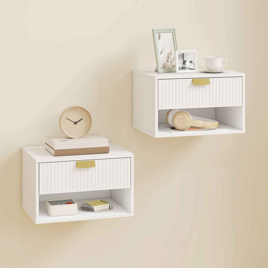HOMCOM Set of 2 Floating Nightstands with Decorated Drawer and Open Shelf, White