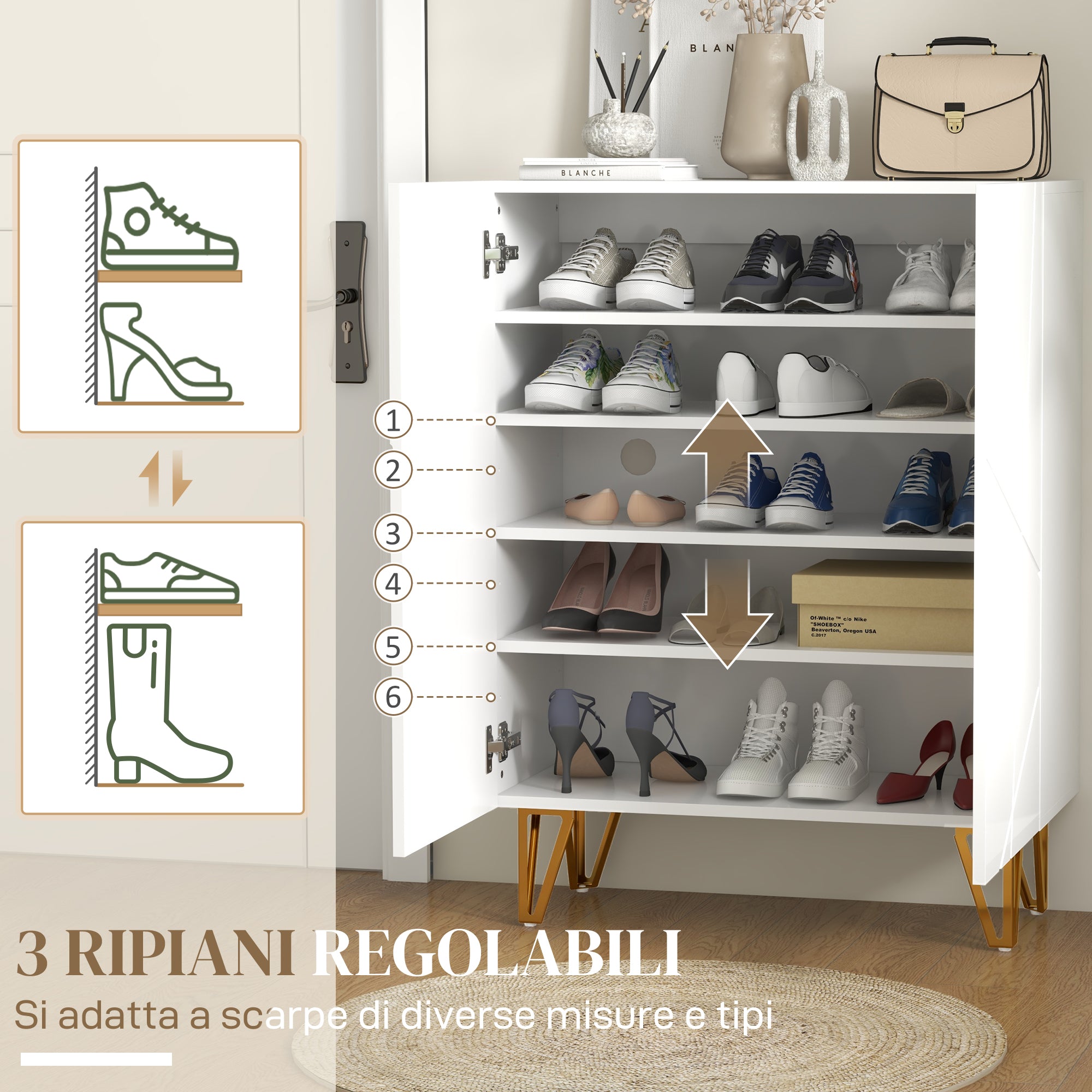 Modern Shoe Rack for 15-20 Pairs of Shoes, Adjustable Shelves and Soft-Close, White