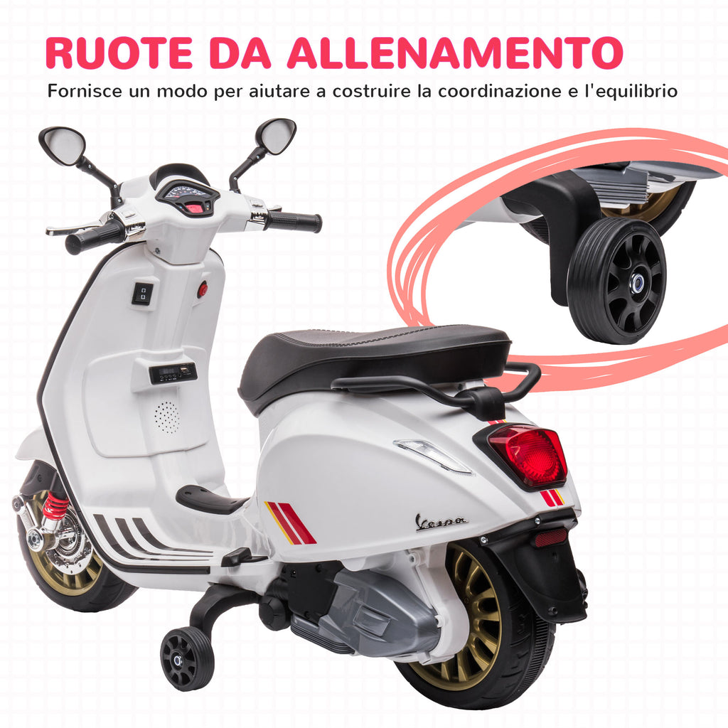 Licensed Children's Electric Motorcycle Vespa with Wheels, Headlight and Music, in PP and Metal, 107x47x73 cm, White