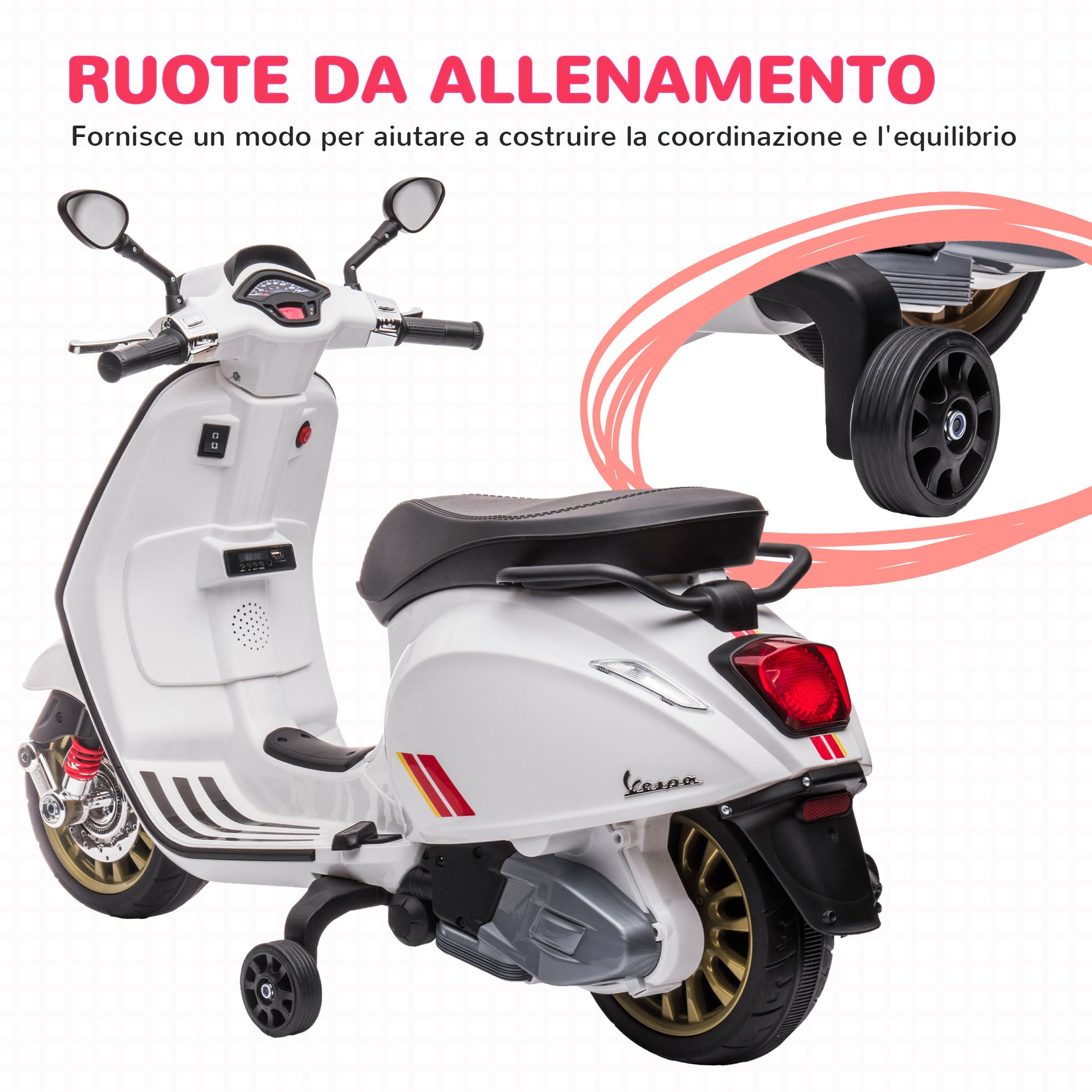 Licensed Children's Electric Motorcycle Vespa with Wheels, Headlight and Music, in PP and Metal, 107x47x73 cm, White