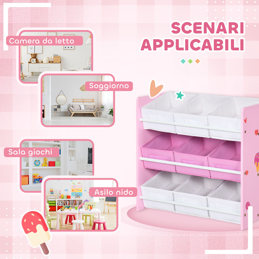 Toy Cabinet with 9 Removable Baskets in Wood and Fabric, 63x30x60 cm, Pink and White