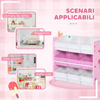 Toy Cabinet with 9 Removable Baskets in Wood and Fabric, 63x30x60 cm, Pink and White