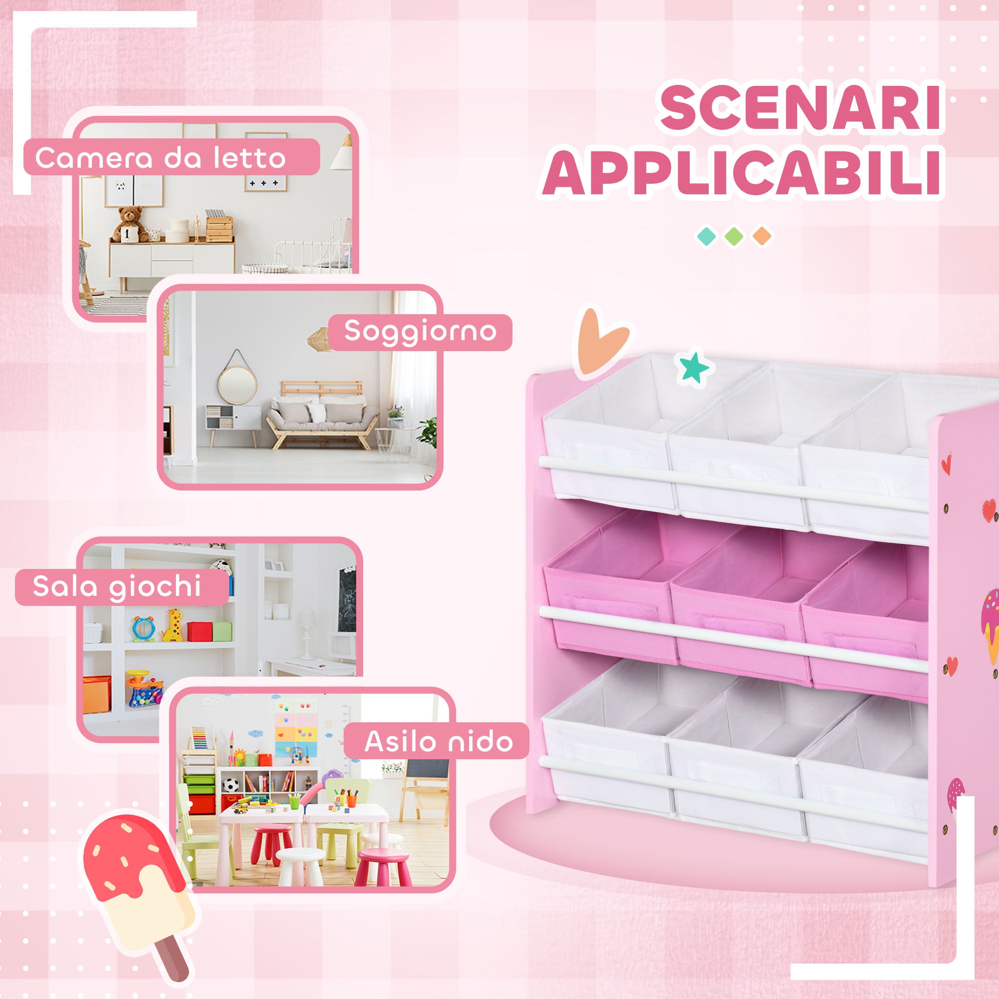 Toy Cabinet with 9 Removable Baskets in Wood and Fabric, 63x30x60 cm, Pink and White