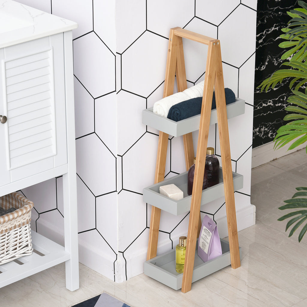 Kleankin Space-Saving Bathroom Shelf in MDF and Bamboo, Pyramid Shape with 3 Shelves, Wood and Grey Color, 30x18x81cm
