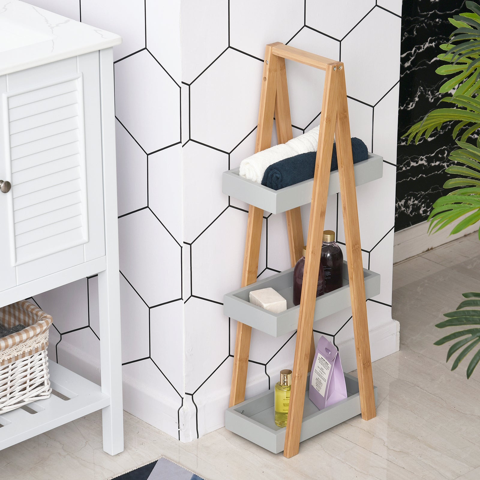 Kleankin Space-Saving Bathroom Shelf in MDF and Bamboo, Pyramid Shape with 3 Shelves, Wood and Grey Color, 30x18x81cm