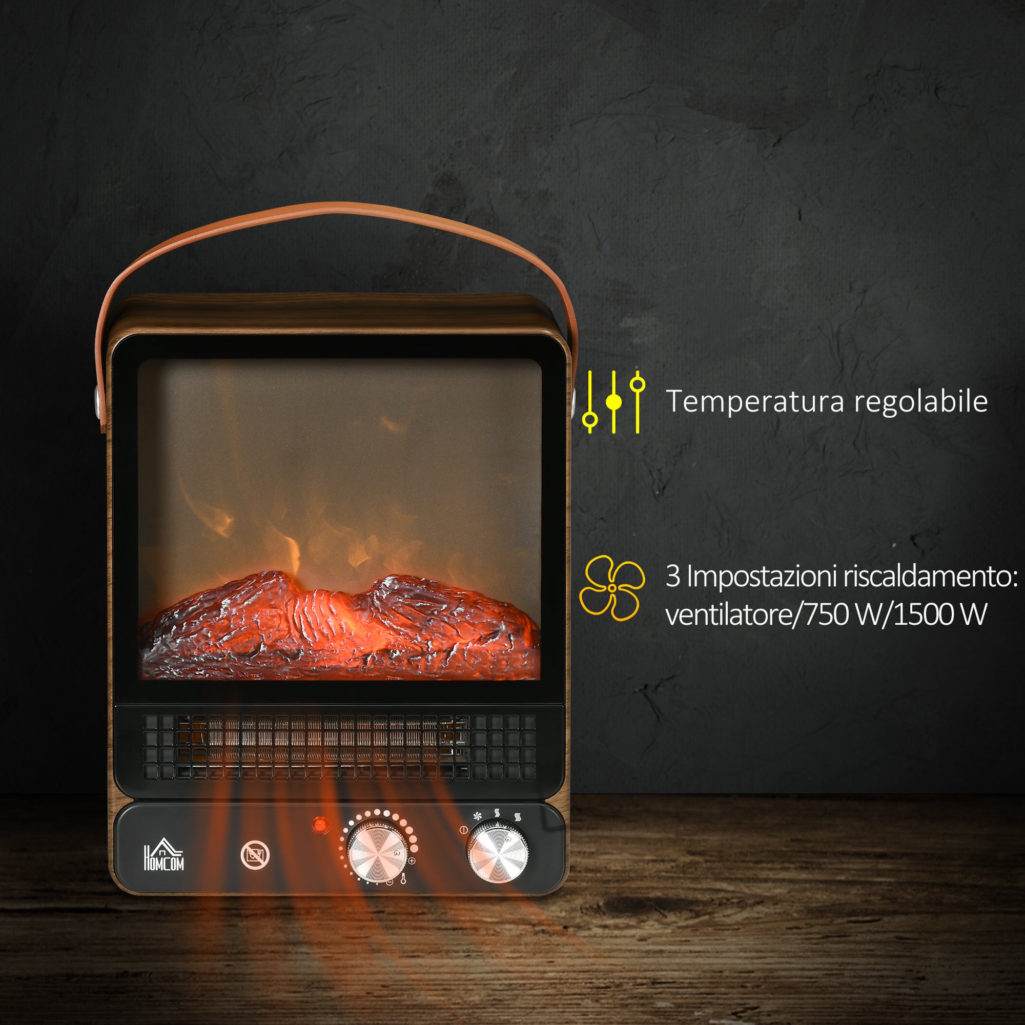 Electric Fireplace with LED Flame, 3 Heating Modes and Safety Switch, 30.3x17.5x37.4 cm