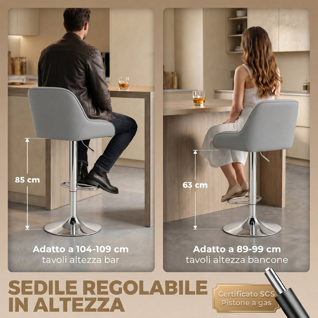 HOMCOM Set of 2 Swivel and Height-Adjustable Bar Stools with Backrest, Faux Leather, Light Grey