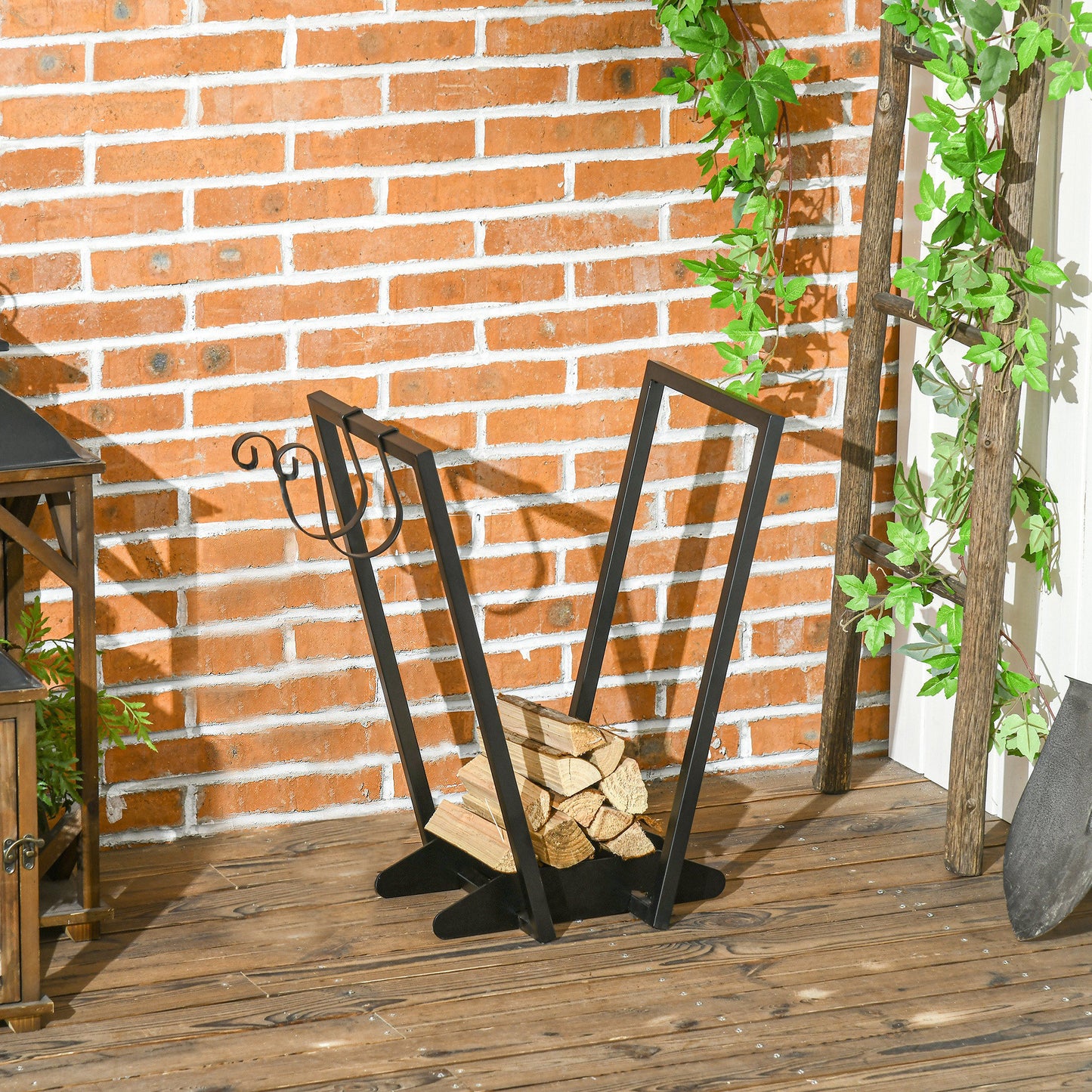 Firewood Rack with Hooks for Indoor and Outdoor Use in Steel, 45x32x58cm, Black