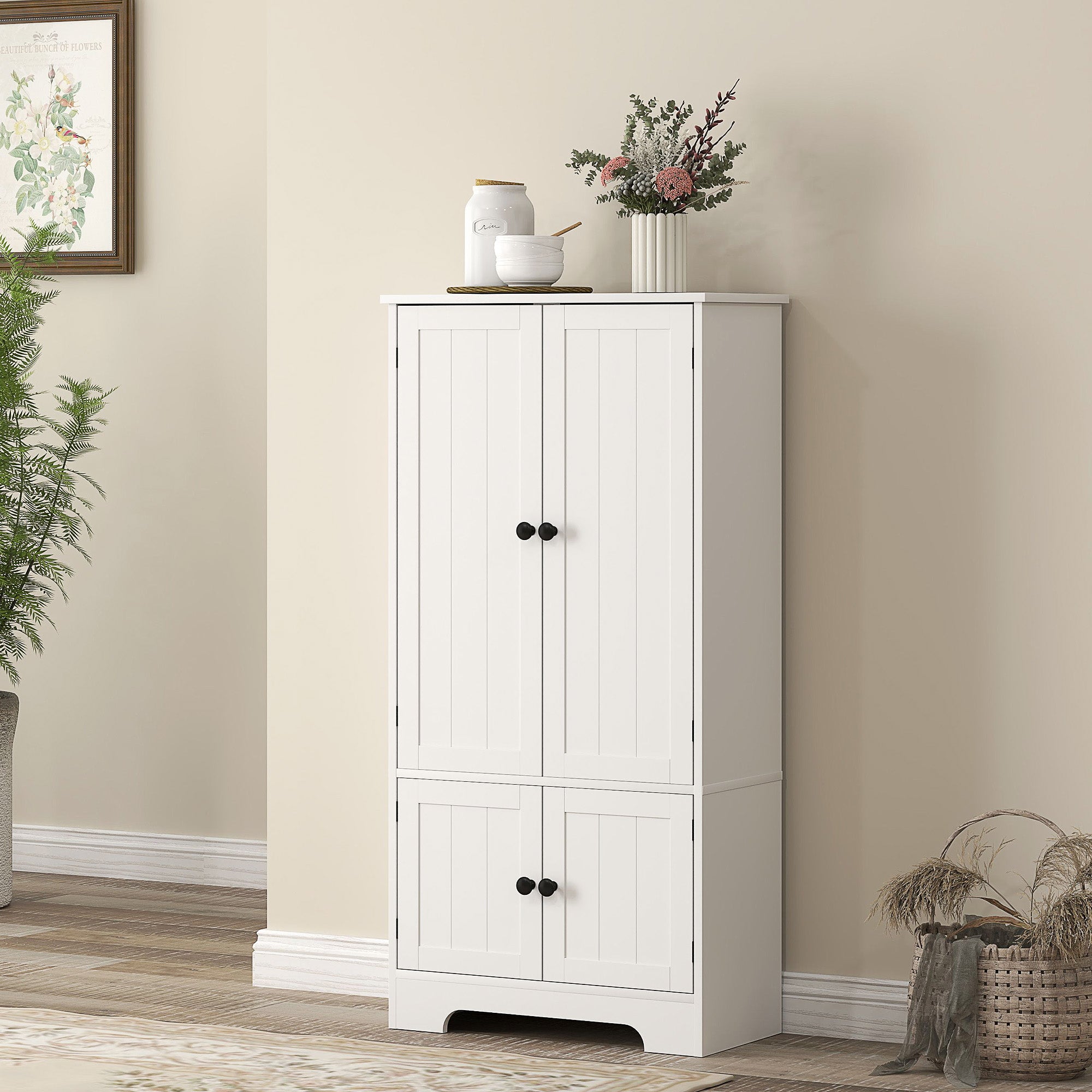 4-Door Kitchen Cabinet with 2 Cupboards and Adjustable Shelf, 58.2x30x123 cm, White