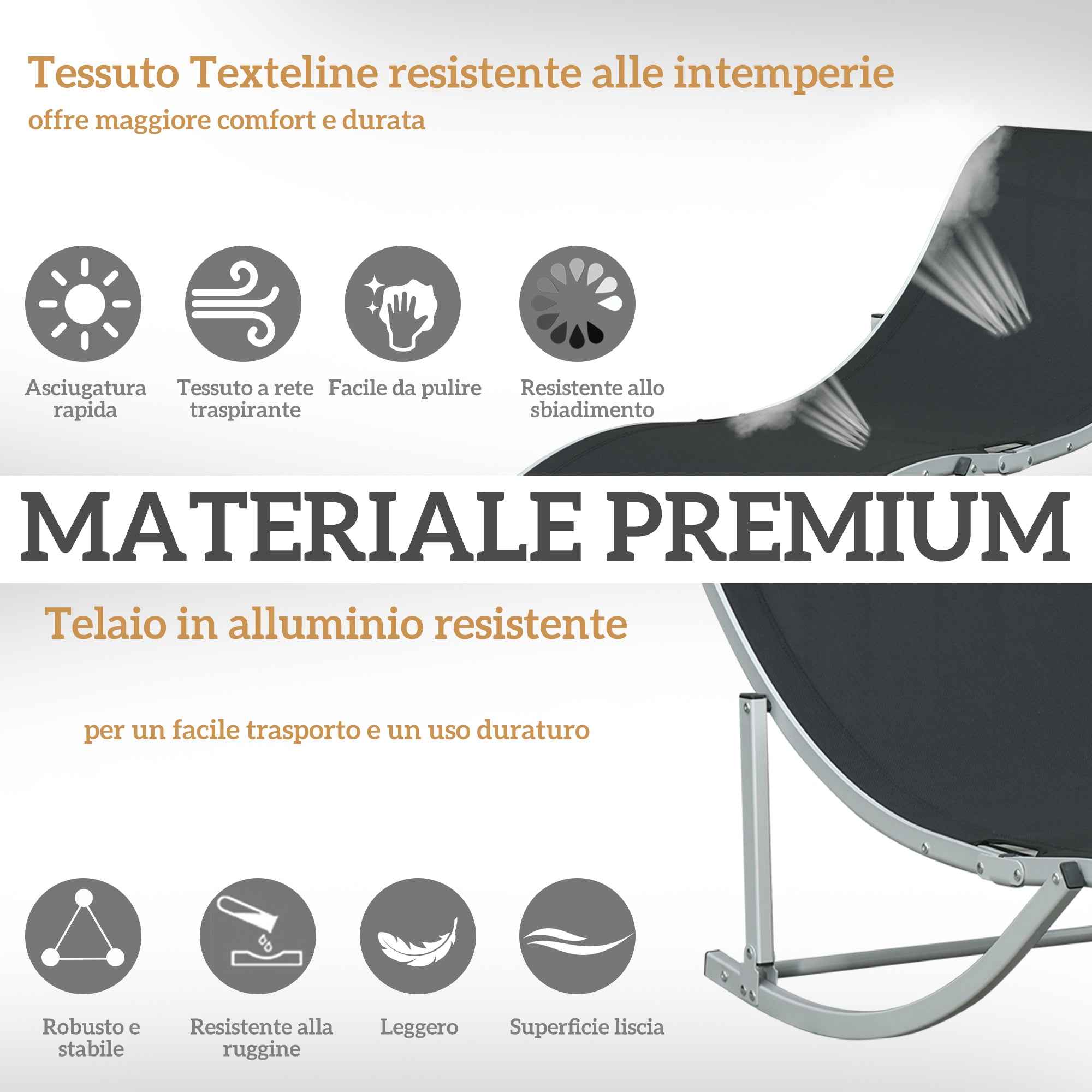 Outsunny Set of 2 Folding Garden Loungers in Aluminum and Texteline, 61x165x63 cm, Black