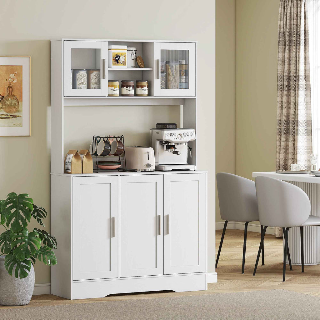 HOMCOM 4-Cup Pantry Unit with 2 Open Shelves and Worktop, Wood and Glass, 108x35x180 cm, White