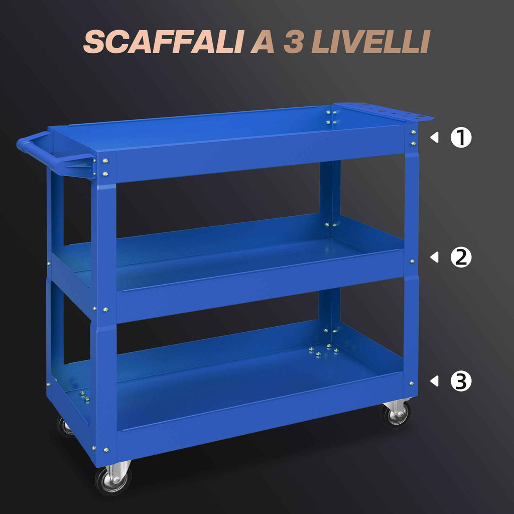DURHAND 3-Tier Steel Tool Cart with High Edges and 4 Swivel Wheels, 83x35.3x76 cm, Blue