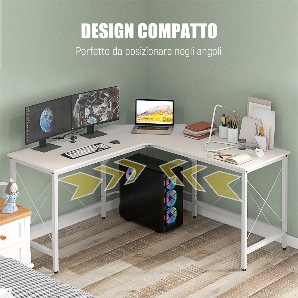L-Shaped Corner Desk with Adjustable Feet, Wood and Steel, 150x150x76 cm, White