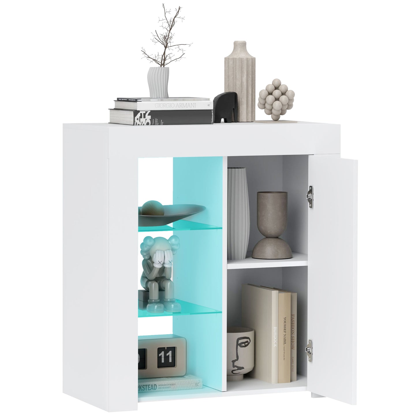 LED Storage Cabinet with 3 Open Shelves and 2-Tier Cabinet, Wood and Glass, 75x40.1x83 cm, White