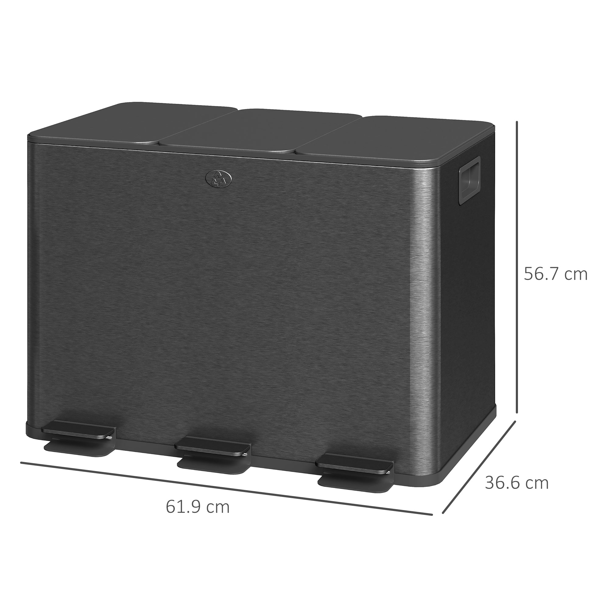 20L 3-Section Rubbish Bin with Silent Closure, Stainless Steel and PP, 61.9 x 36.6 x 56.7 cm, Black