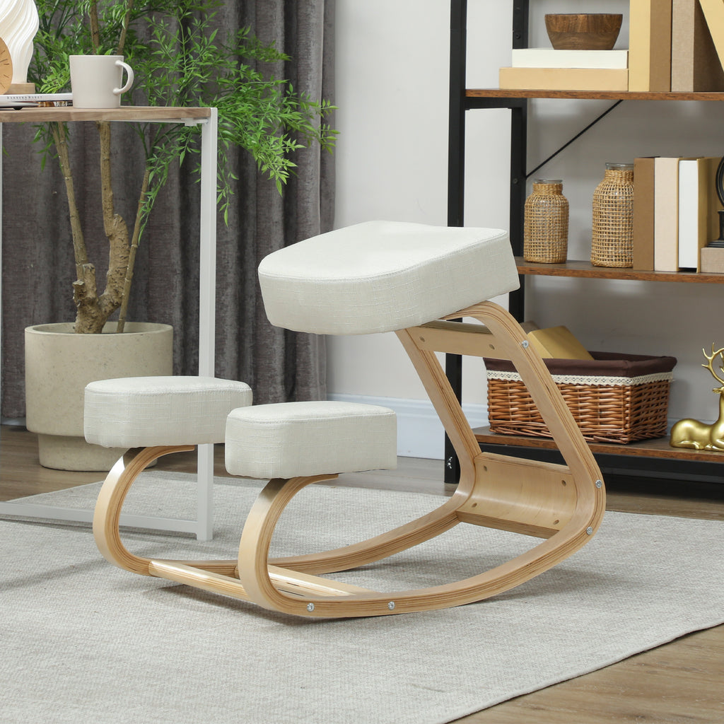 Ergonomic Chair with Birch Wood Kneeler and Cushion, 51x69x58 cm, Cream
