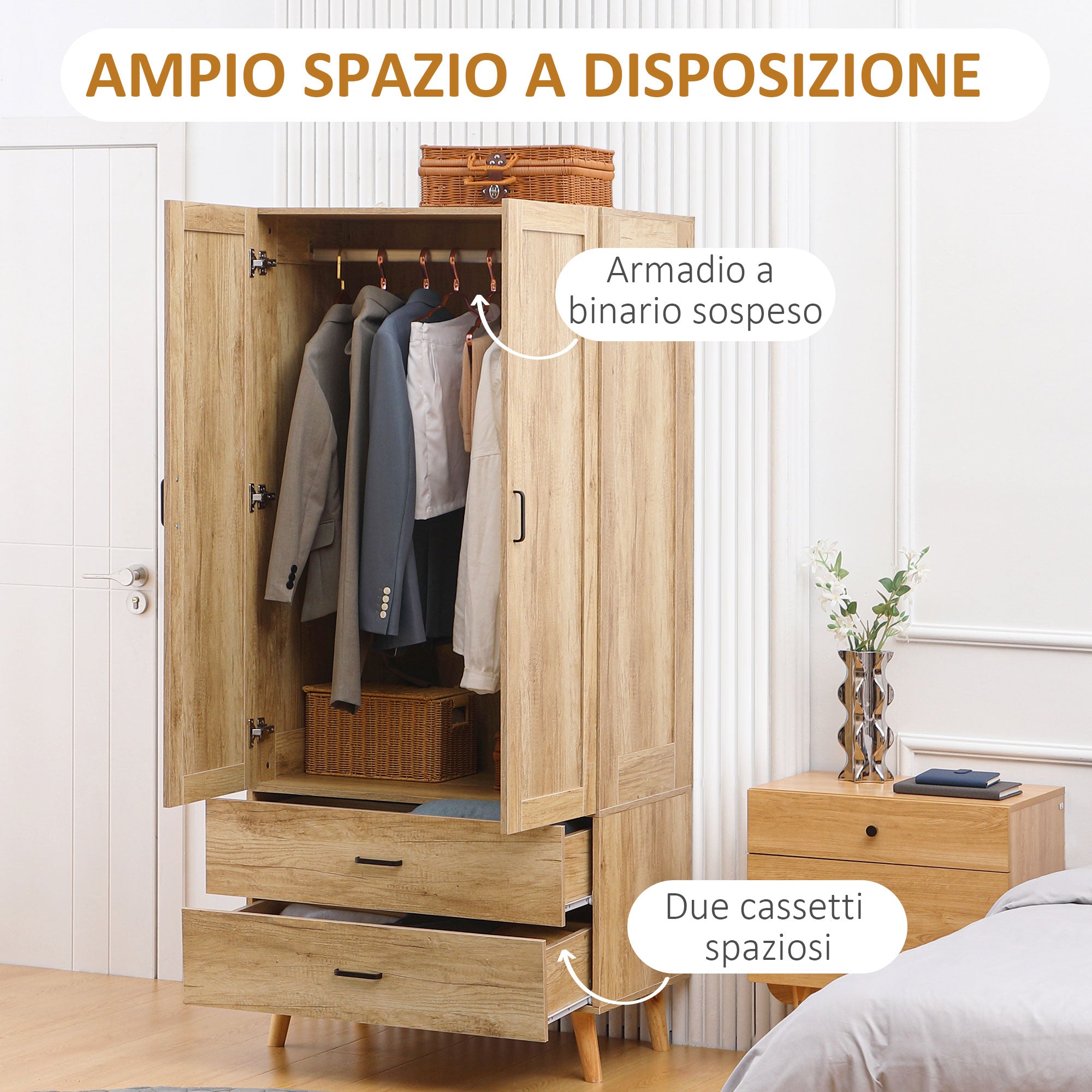 2-Door Wardrobe with 2 Drawers and Hanging Rail, 80x54x180 cm, Wood