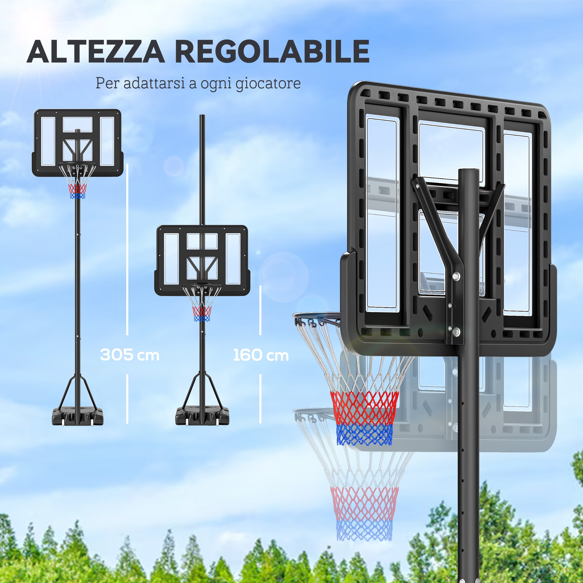 Adjustable Height Basketball Hoop (160-305cm), Wheeled Base, Steel Frame, Transparent PVC Backboard