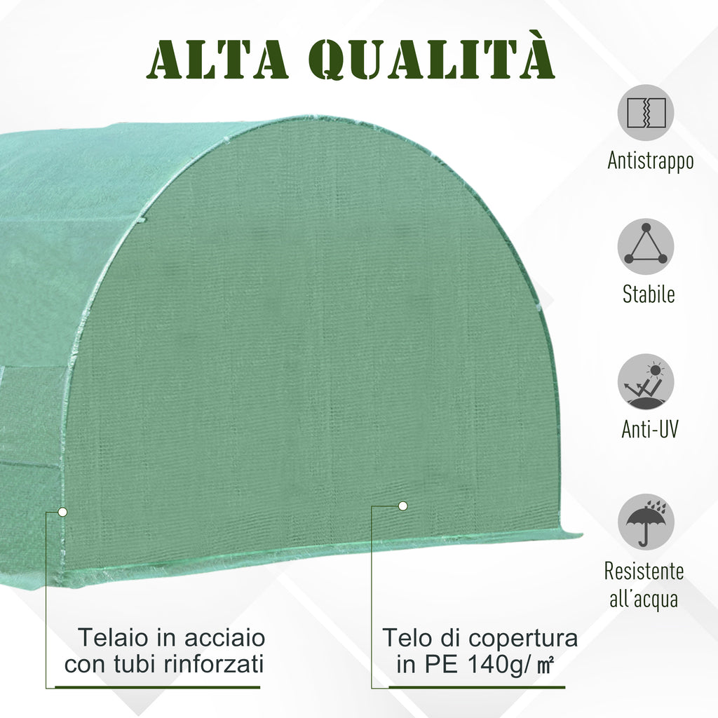 Outsunny Tunnel Greenhouse, Outdoor Vegetable Garden Greenhouse with Roll-Up Door and 8 Windows, 6x3x2 m, Steel and PE, Green
