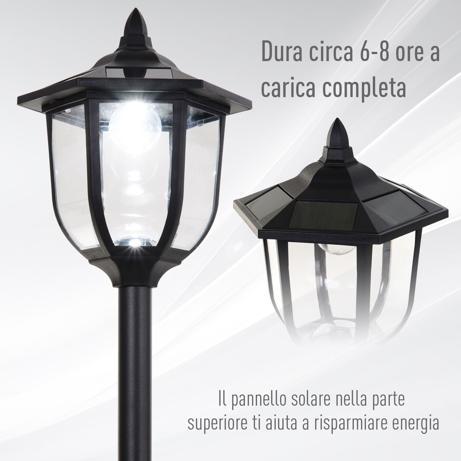 Outdoor street lamp with 6 LED lights and solar panels, waterproof, automatic switch-on, duration 6 hours, height 177cm - Borgè