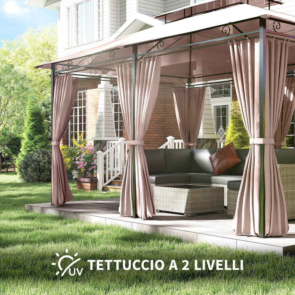 Outsunny 4x3m Garden Gazebo with Double Roof and Side Awnings in Steel and Polyester, Khaki Color