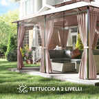 Outsunny 4x3m Garden Gazebo with Double Roof and Side Awnings in Steel and Polyester, Khaki Color