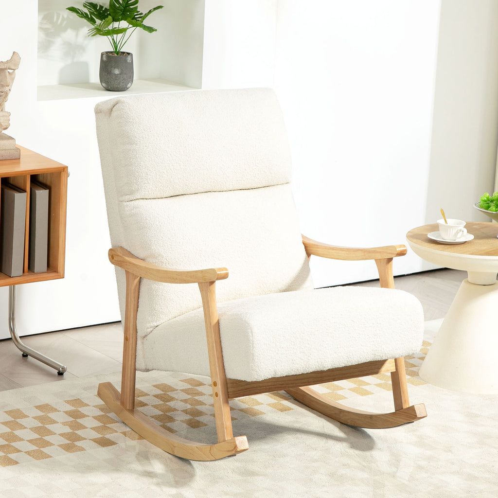 HOMCOM Teddy Velvet Upholstered Rocking Chair, Ergonomic Backrest, Rubber Wood Legs, Cream