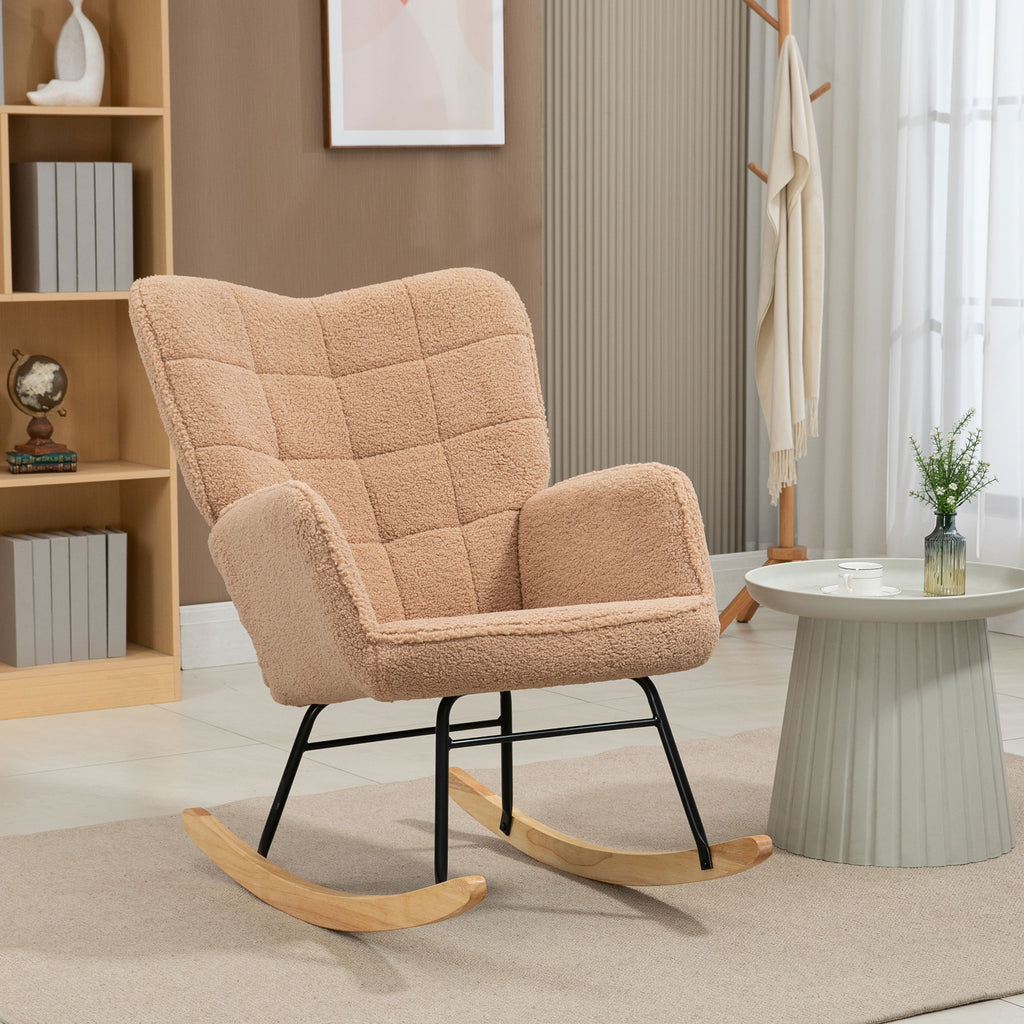 Upholstered Rocking Chair in Wood and Steel for Living Room and Bedroom, 71x98x101 cm, Brown