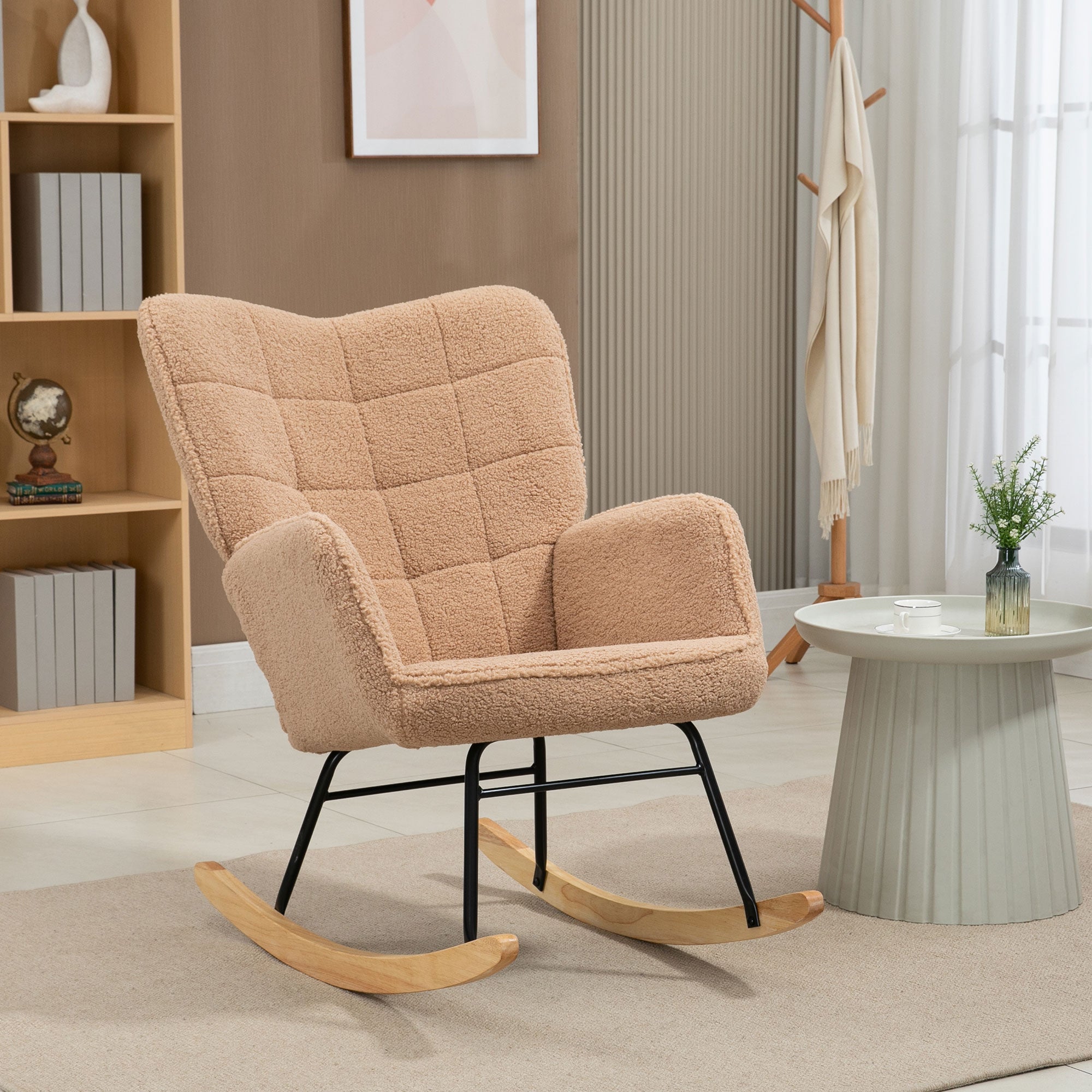 Upholstered Rocking Chair in Wood and Steel for Living Room and Bedroom, 71x98x101 cm, Brown