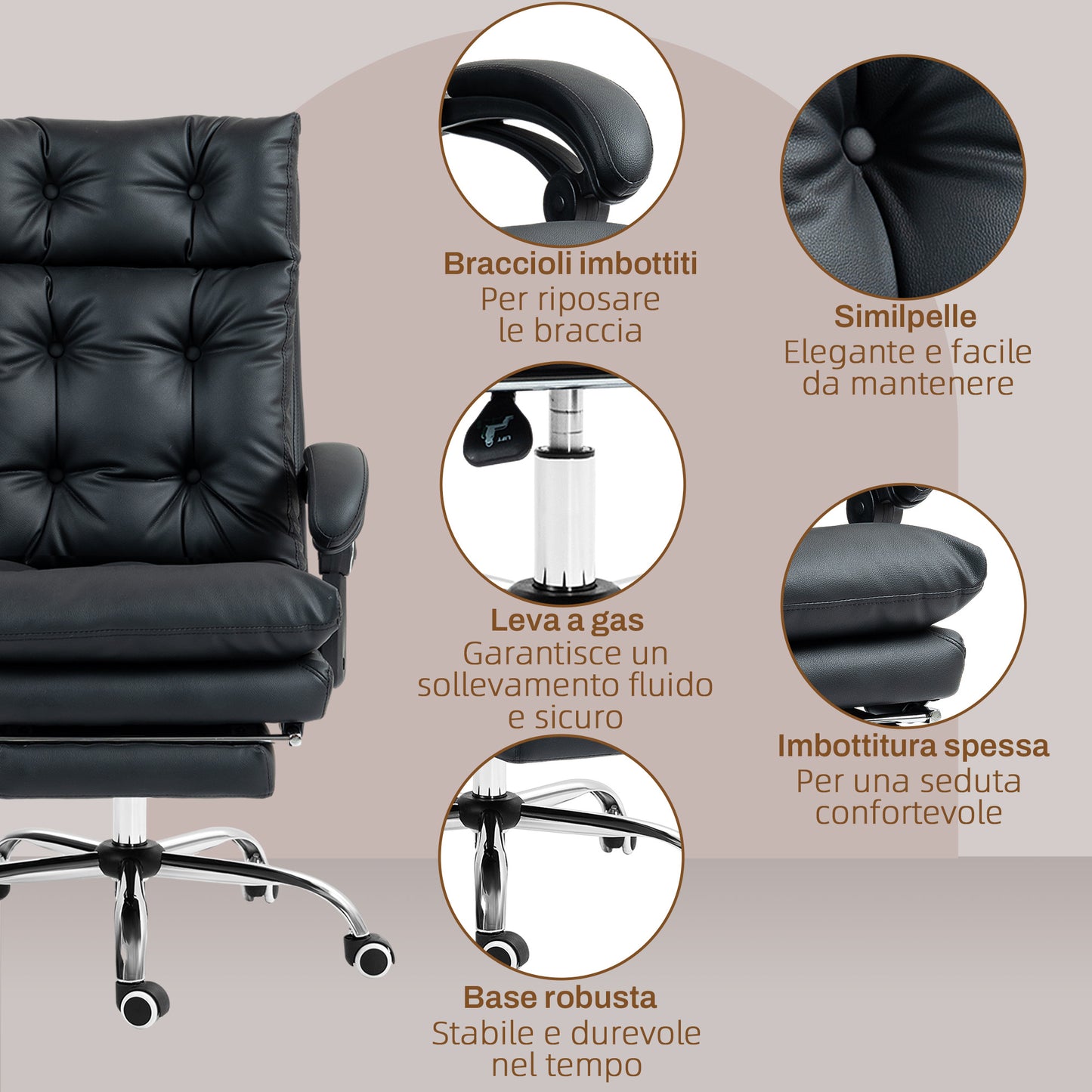 Faux Leather Office Chair with 135° Reclining Backrest and Pull-Out Footrest, Black