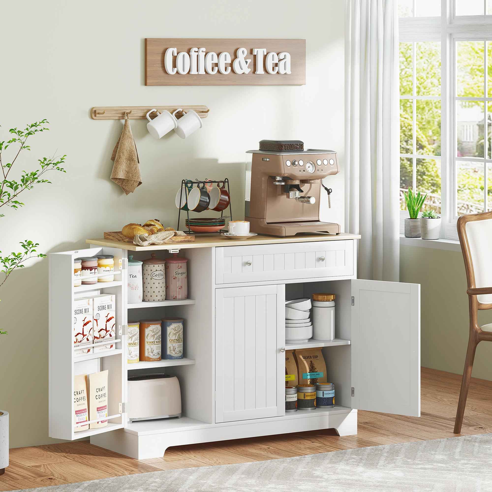 HOMCOM Modern Sideboard with Storage Space, Buffet Cabinet with Drawer, Adjustable Shelves, Small Kitchen Pantry with Door Shelves, White