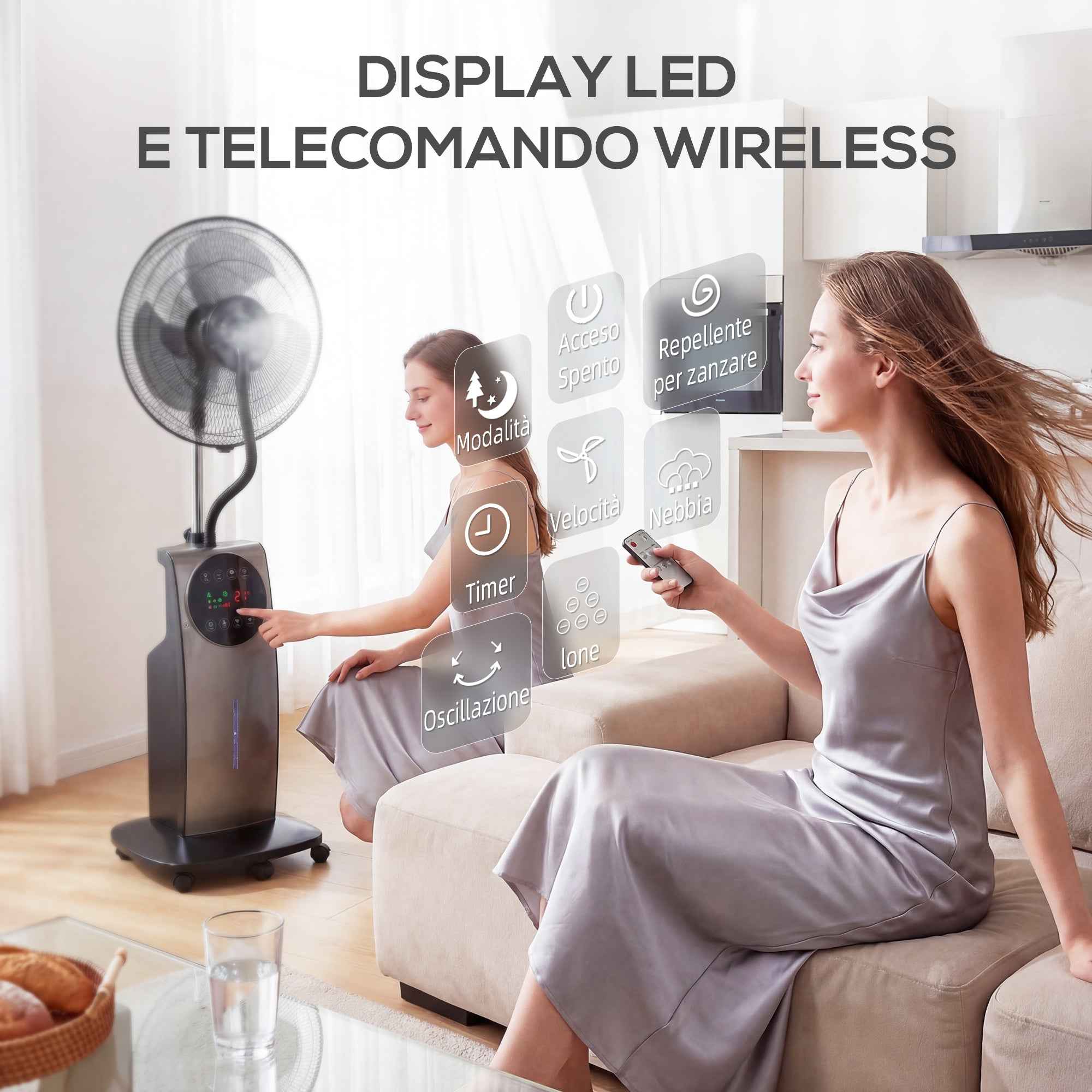 Misting Fan with 3.1L Tank, 3 Modes and 3 Speeds, Wheels, 70° Oscillation, 10° Tilt, 12h Timer, 90W