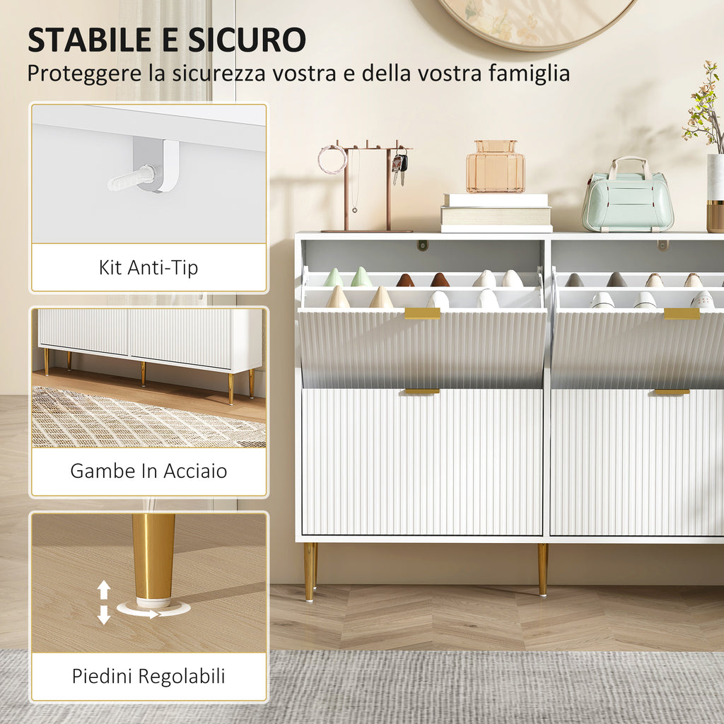 Slim Shoe Rack for 20 Pairs of Shoes with 4 Flap Drawers and Adjustable Shelves, 105x24x91.5 cm, White