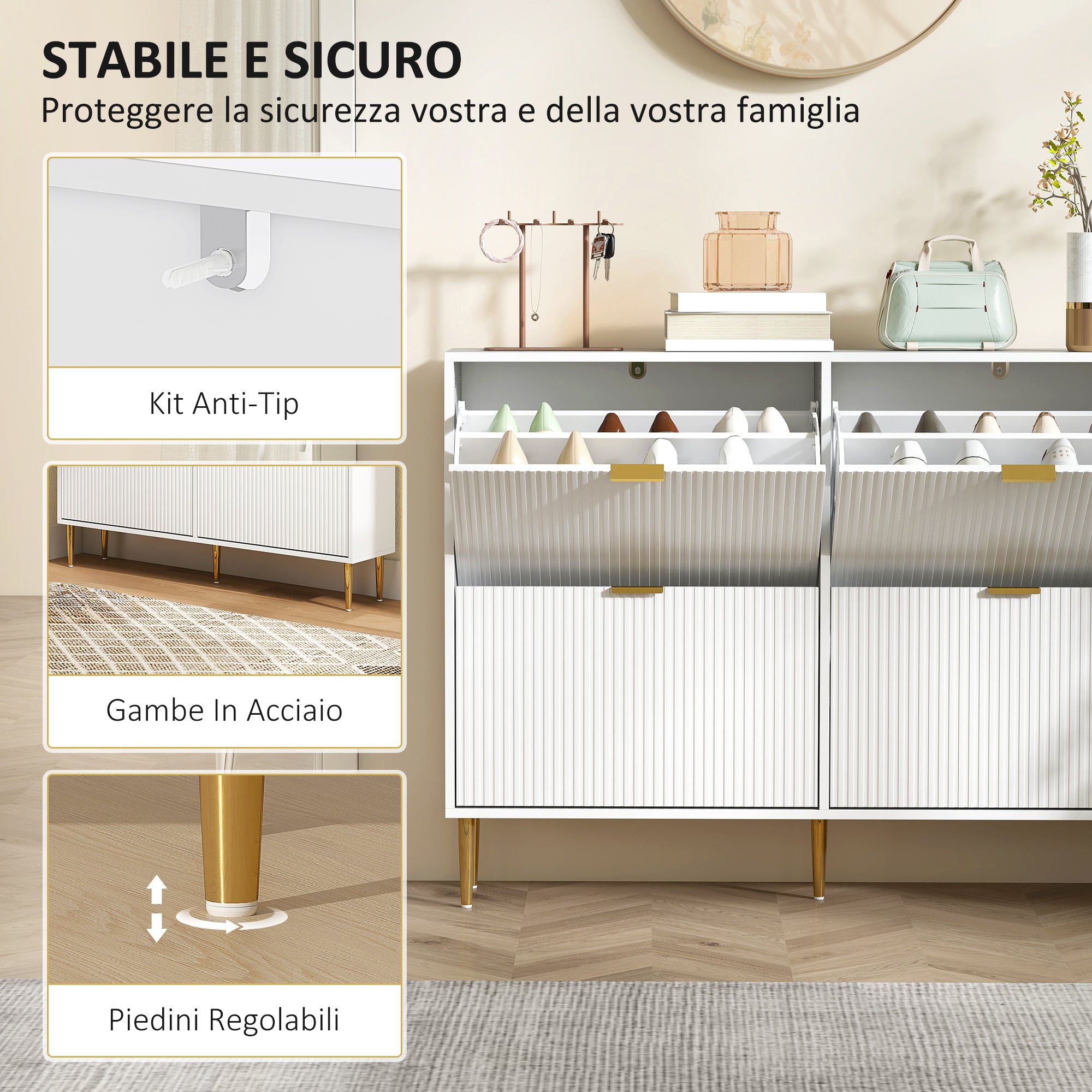 Slim Shoe Rack for 20 Pairs of Shoes with 4 Flap Drawers and Adjustable Shelves, 105x24x91.5 cm, White