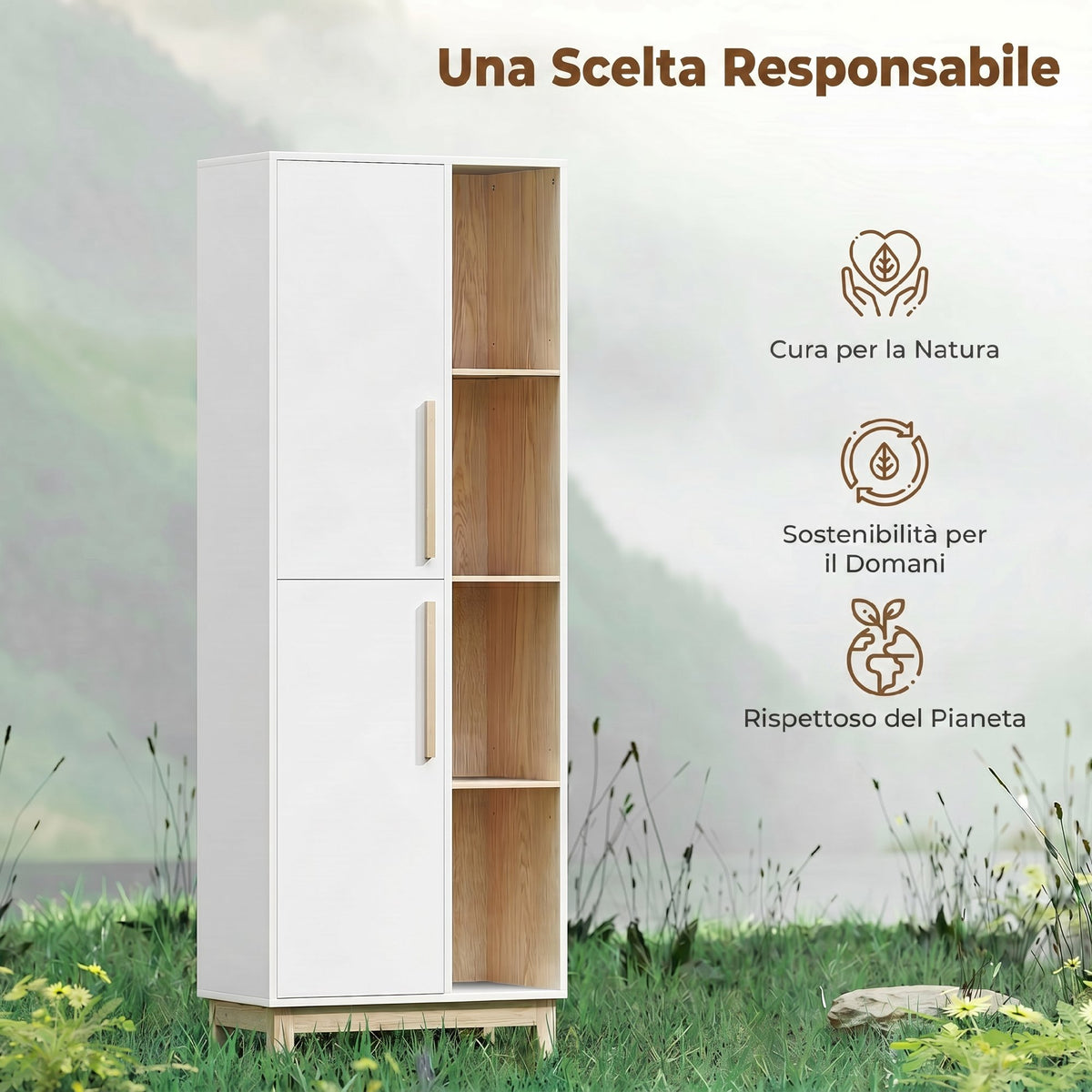 HOMCOM Tall Bathroom Cabinet, Space-Saving Bathroom Cabinet with 2 Doors and 4 Open Shelves, Adjustable Shelves, for Laundry Room, 62.5x35x176 cm, White