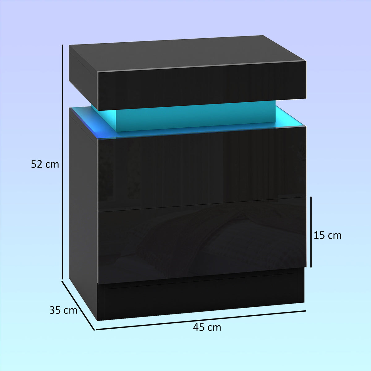 HOMCOM Set of 2 LED Nightstands with 16 Colors and 4 Modes and 2 Drawers, Wooden, 45x35x52 cm, Black