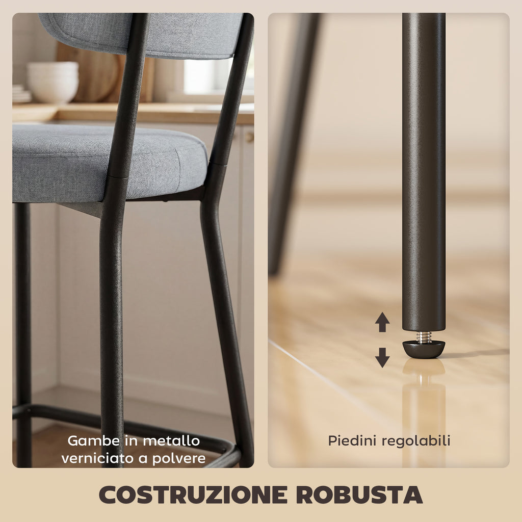 Set of 2 Bar Stools with Backrest and Footrest in Metal and Fabric, Light Grey