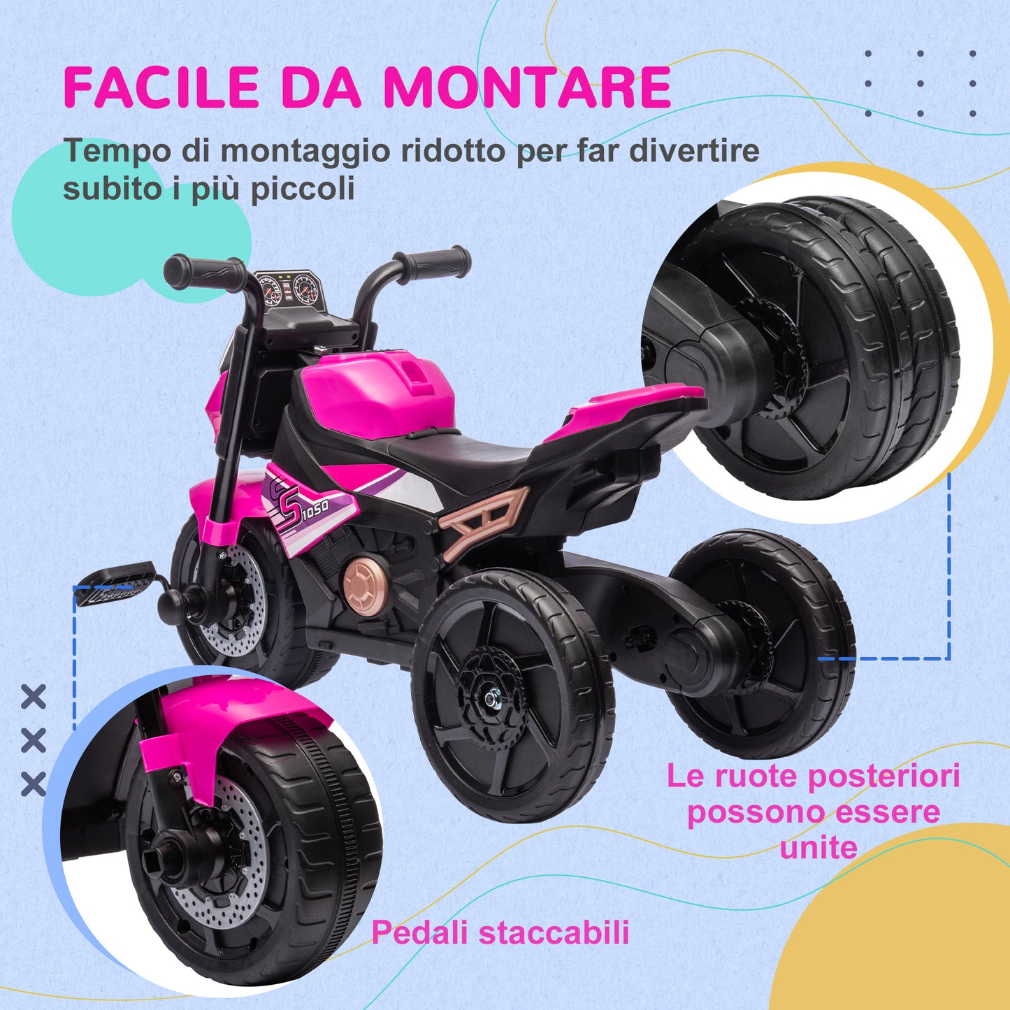 Electric Tricycle for Children 18-36 Months 3 in 1 with Headlights, Music and Horn, in PP and Steel, 75x43x47 cm, Pink