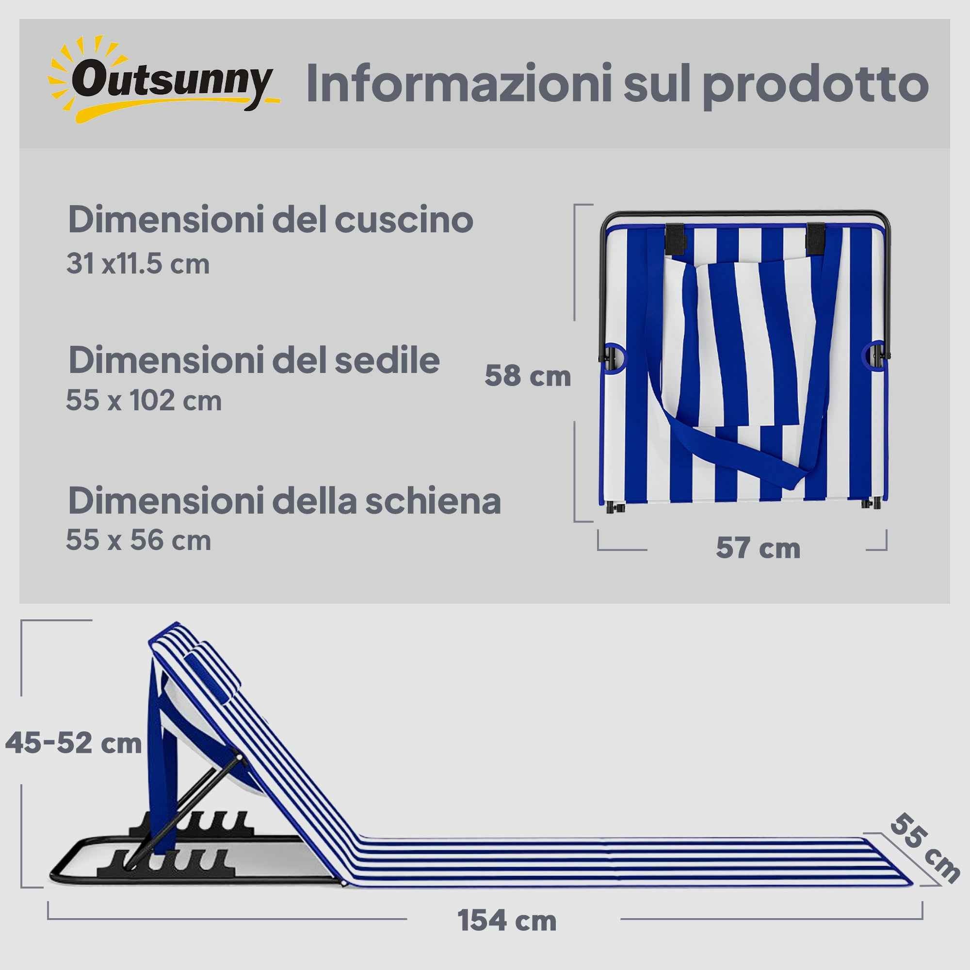 Outsunny Set of 2 Beach Mattresses with 4-Level Adjustable Backrest, in Steel and Polyester, 154x57x52 cm, Blue and White
