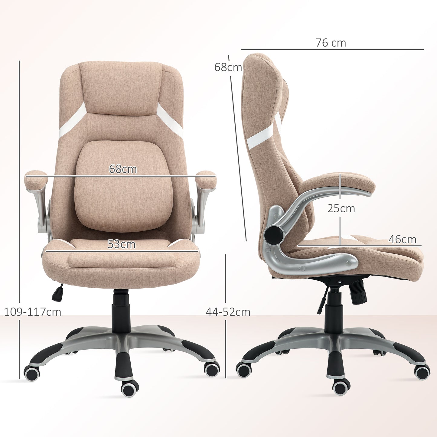 Height-Adjustable Height Fabric Recliner Office Chair, 68x76x109-117 cm, Light Brown