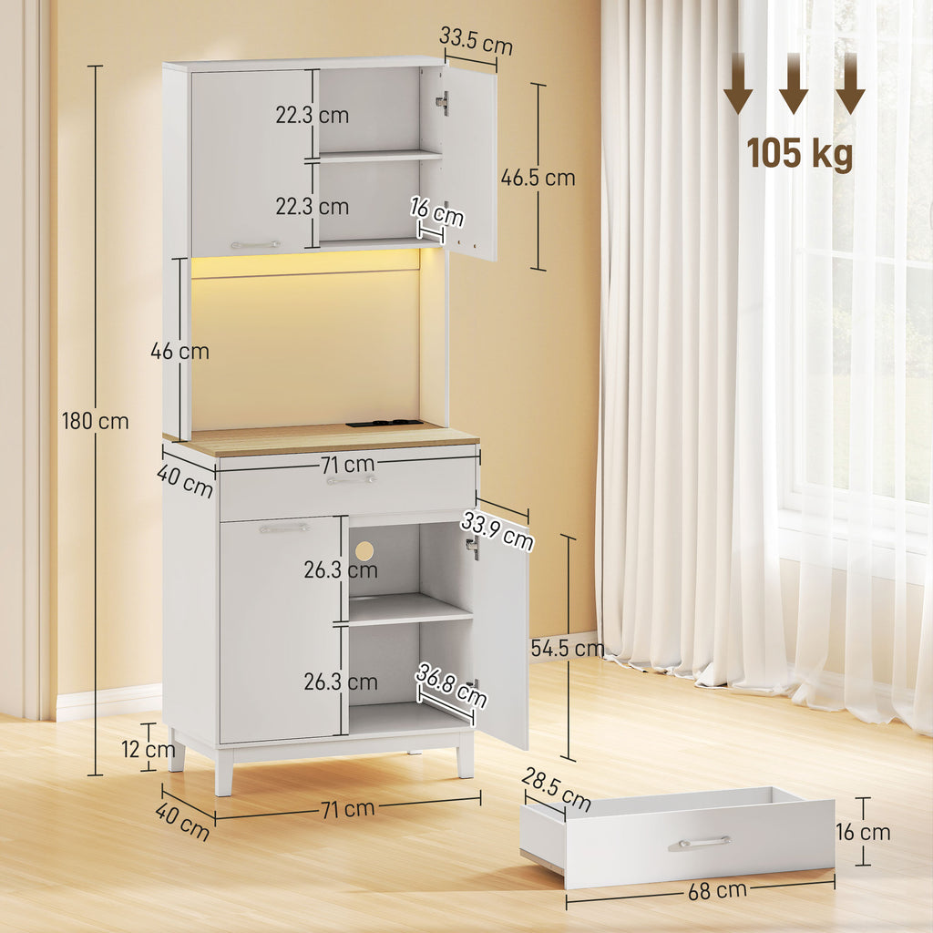 Modern Sideboard with LED Lights, Power Sockets and USB Ports, 2 Cabinets and Drawer, 71x40x180 cm, White